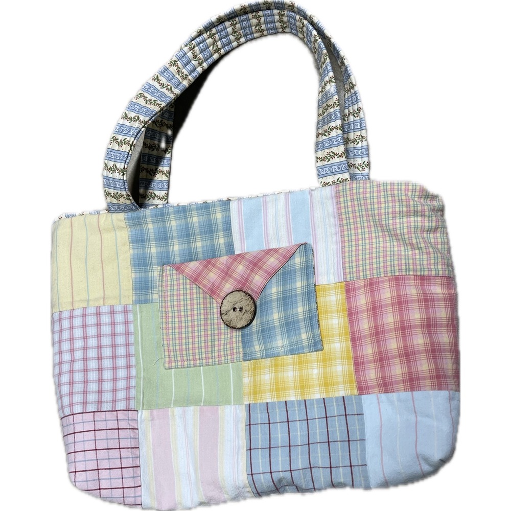 Handmade Quilted Patchwork Tote Bag Pastel Plaid Floral Cottagecore Shoulder Bag